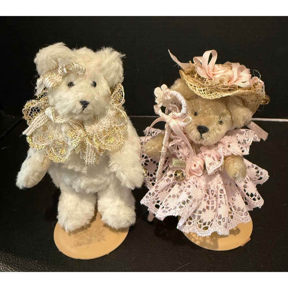 Norma Thomas 5in Artist Teddy Bears Pink White Victorian Lace Set of 2 Vintage